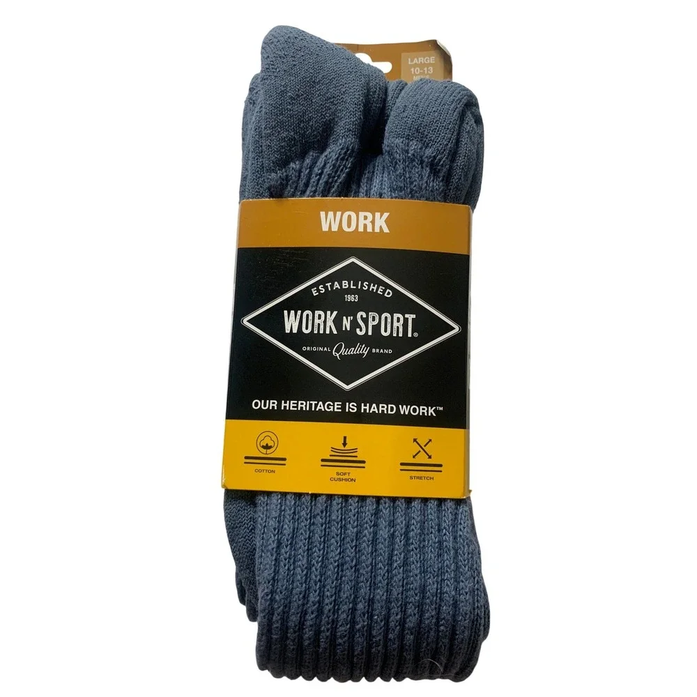 Work N Sport Men's 2 Pack Super Tough Crew‎ Socks Grey Large Cotton